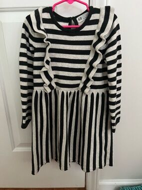 H&M Kids Dark Gray and Cream Striped Ruffle Sweater Dress
